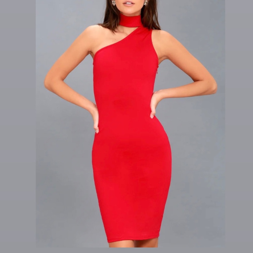 Red One-shoulder Bodycon Midi Dress